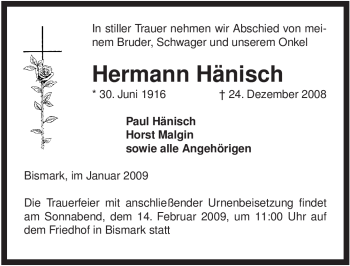 Traueranzeige von Hermann Hänisch von ALLGEMEINE ZEITUNG UELZEN