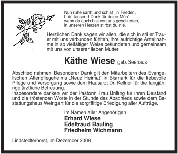 Traueranzeige von Käthe Wiese von ALLGEMEINE ZEITUNG UELZEN