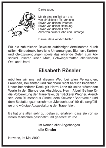 Traueranzeige von Elisabeth Röseler von ALLGEMEINE ZEITUNG UELZEN