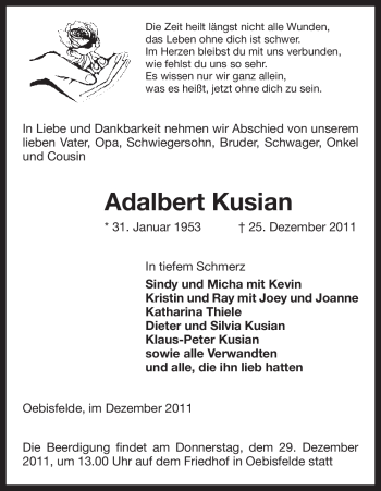 Traueranzeige von Adalbert Kusian von ALLGEMEINE ZEITUNG UELZEN