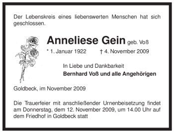 Traueranzeige von Anneliese Gein von ALLGEMEINE ZEITUNG UELZEN