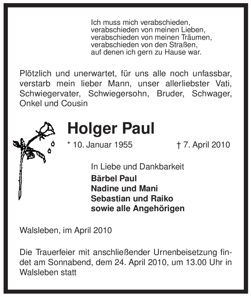  Traueranzeige für Holger Paul vom 10.04.2010 aus ALLGEMEINE ZEITUNG UELZEN