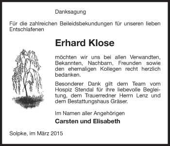 Traueranzeige von Erhard Klose von Uelzen