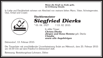 Traueranzeige von Siegfried Dierks von Uelzen