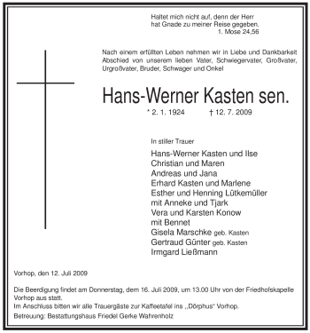 Traueranzeige von Hans-Werner Kasten von ALLGEMEINE ZEITUNG UELZEN