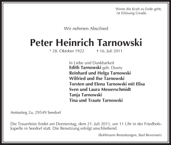 Traueranzeige von Peter Heinrich Tarnowski von ALLGEMEINE ZEITUNG UELZEN