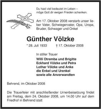 Traueranzeige von Günther Völzke von ALLGEMEINE ZEITUNG UELZEN