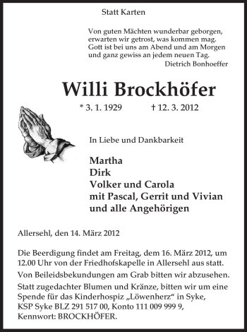 Traueranzeige von Willi Brockhöfer von ALLGEMEINE ZEITUNG UELZEN