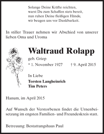 Traueranzeige von Waltraud Rolapp von Uelzen