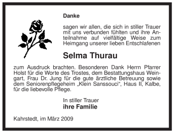 Traueranzeige von Selma Thurau von ALLGEMEINE ZEITUNG UELZEN