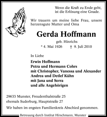 Traueranzeige von Gerda Hoffmann von ALLGEMEINE ZEITUNG UELZEN