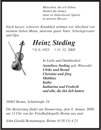 Traueranzeige von Heinz Steding von ALLGEMEINE ZEITUNG UELZEN