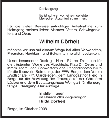 Traueranzeige von Wilhelm Dörheit von ALLGEMEINE ZEITUNG UELZEN