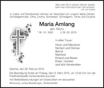 Traueranzeige von Maria Amlang von Uelzen