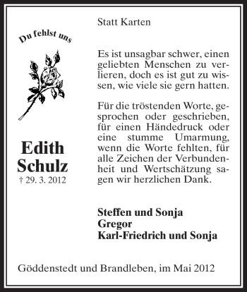 Traueranzeige von Edith Schulz von ALLGEMEINE ZEITUNG UELZEN