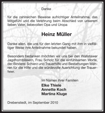 Traueranzeige von Heinz Müller von ALLGEMEINE ZEITUNG UELZEN