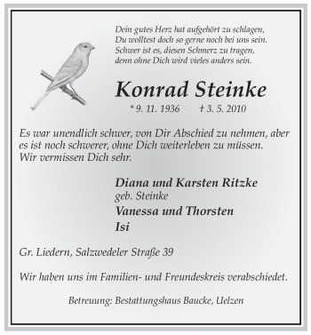 Traueranzeige von Konrad Steinke von ALLGEMEINE ZEITUNG UELZEN