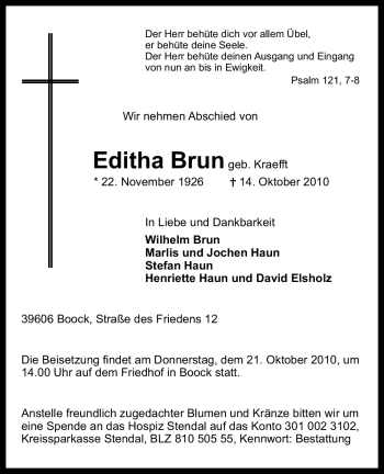 Traueranzeige von Editha Brun von ALLGEMEINE ZEITUNG UELZEN