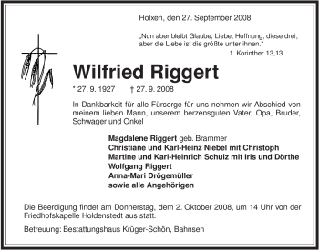 Traueranzeige von Wilfried Riggert von ALLGEMEINE ZEITUNG UELZEN