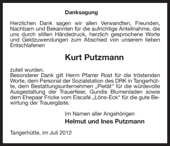 Traueranzeige von Kurt Putzmann von ALLGEMEINE ZEITUNG UELZEN