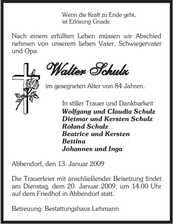 Traueranzeige von Walter Schulz von ALLGEMEINE ZEITUNG UELZEN