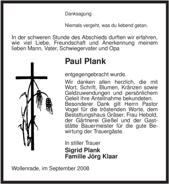 Traueranzeige von Paul Plank von ALLGEMEINE ZEITUNG UELZEN