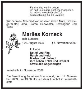 Traueranzeige von Marlies Korneck von ALLGEMEINE ZEITUNG UELZEN