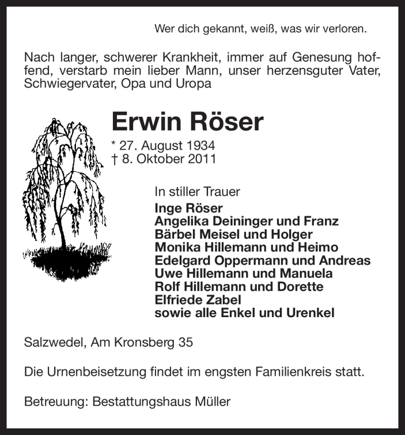  Traueranzeige für Erwin Röser vom 11.10.2011 aus ALLGEMEINE ZEITUNG UELZEN