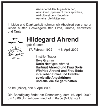 Traueranzeige von Hildegard Ahrend von ALLGEMEINE ZEITUNG UELZEN