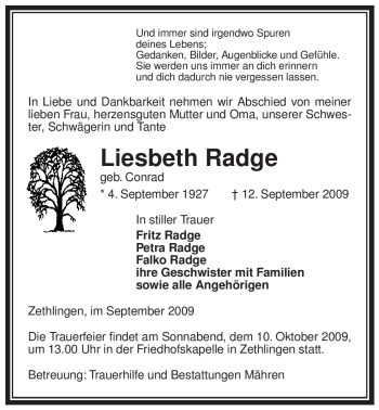 Traueranzeige von Liesbeth Radge von ALLGEMEINE ZEITUNG UELZEN