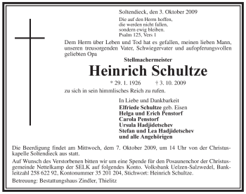 Traueranzeige von Heinrich Schultze von ALLGEMEINE ZEITUNG UELZEN