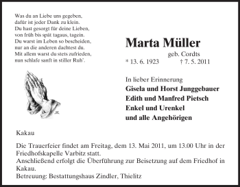 Traueranzeige von Marta Müller von ALLGEMEINE ZEITUNG UELZEN