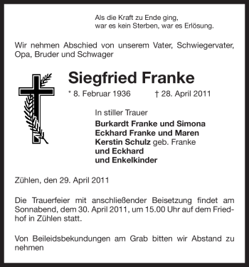 Traueranzeige von Siegfried Franke von ALLGEMEINE ZEITUNG UELZEN