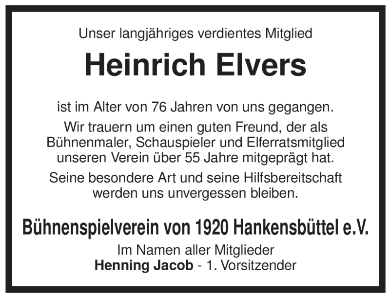  Traueranzeige für Heinrich Elvers vom 18.11.2009 aus ALLGEMEINE ZEITUNG UELZEN