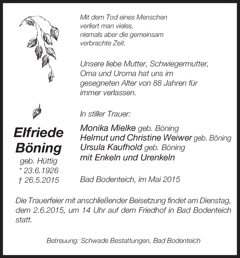  Traueranzeige für Elfriede Böning vom 30.05.2015 aus Uelzen