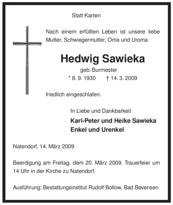 Traueranzeige von Hedwig Sawieka von ALLGEMEINE ZEITUNG UELZEN