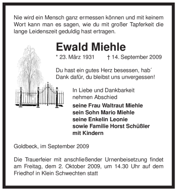 Traueranzeige von Ewald Miehle von ALLGEMEINE ZEITUNG UELZEN