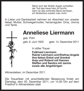 Traueranzeige von Anneliese Liermann von ALLGEMEINE ZEITUNG UELZEN