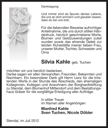 Traueranzeige von Silvia Kahle von ALLGEMEINE ZEITUNG UELZEN