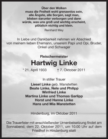 Traueranzeige von Hartwig Linke von ALLGEMEINE ZEITUNG UELZEN