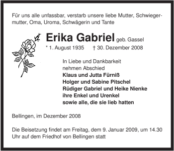 Traueranzeige von Erika Gabriel von ALLGEMEINE ZEITUNG UELZEN