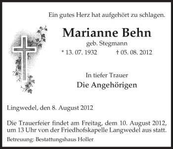 Traueranzeige von Marianne Behn von ALLGEMEINE ZEITUNG UELZEN