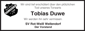 Traueranzeige von Tobias Duwe, von ALLGEMEINE ZEITUNG UELZEN