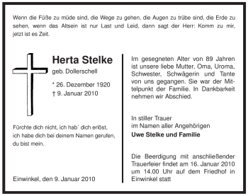 Traueranzeige von Herta Stelke von ALLGEMEINE ZEITUNG UELZEN