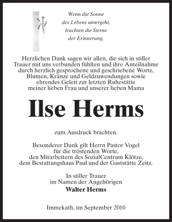 Traueranzeige von Ilse Herms von ALLGEMEINE ZEITUNG UELZEN