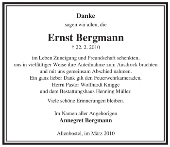 Traueranzeige von Ernst Bergmann von ALLGEMEINE ZEITUNG UELZEN