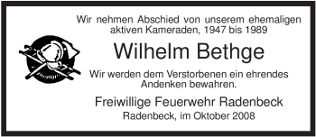 Traueranzeige von Wilhelm Bethge von ALLGEMEINE ZEITUNG UELZEN