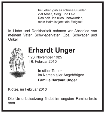 Traueranzeige von Erhardt Unger von ALLGEMEINE ZEITUNG UELZEN