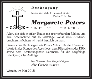 Traueranzeige von Margarete Peters von Uelzen