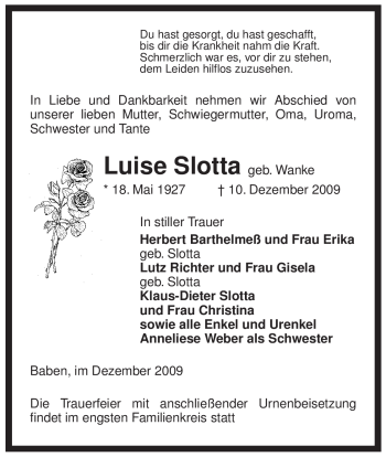 Traueranzeige von Luise Slotta von ALLGEMEINE ZEITUNG UELZEN